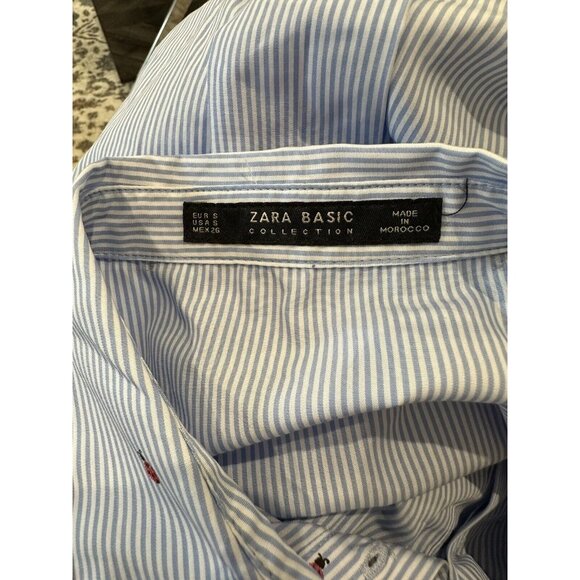 Zara Basic Blue & White Striped Button-Up Shirt With Red Floral Embroidery Size - Picture 5 of 5